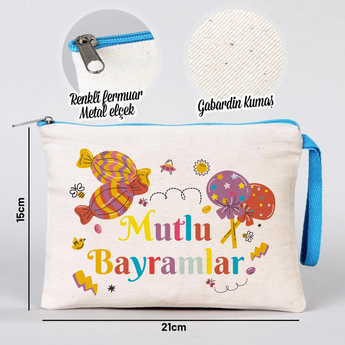 21x15 cm Turkuaz Fermuarlı - Bayram Harçlık Cüzdanı - detay görünüm
