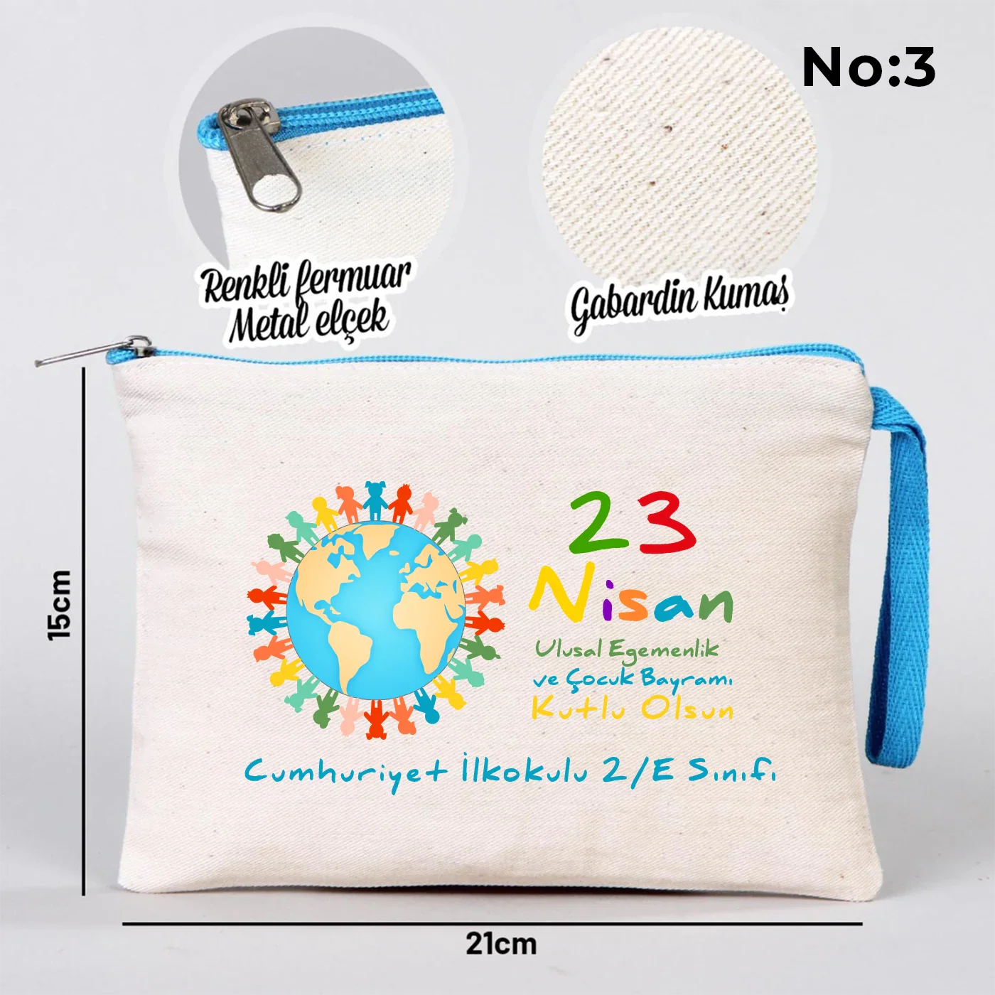 21x15 cm Turkuaz Fermuarlı Kalemlik - 23 Nisan Hediyesi (Okul-Sınıf Baskılı) - yakın çekim