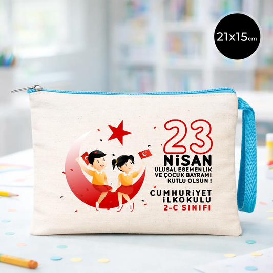 21x15 cm Turkuaz Fermuarlı Kalemlik - 23 Nisan Hediyesi (Okul-Sınıf Baskılı)