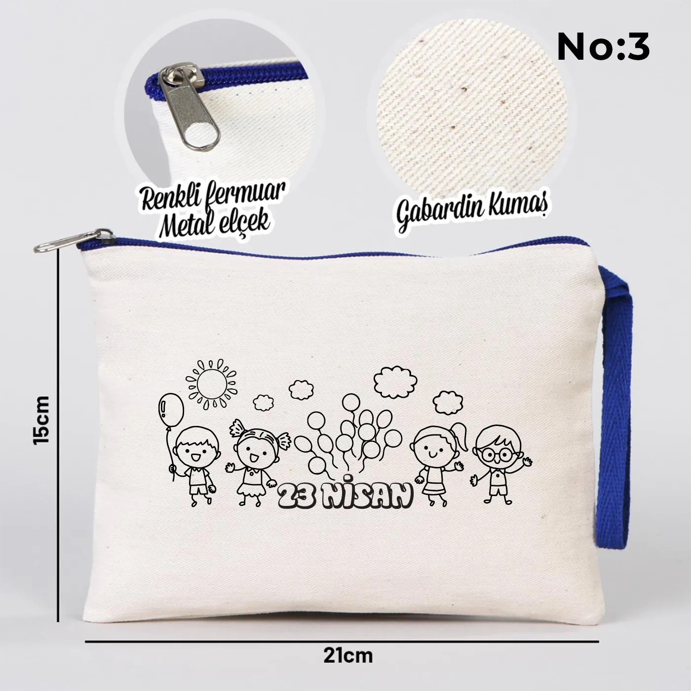Boyanabilir 21x15 cm Saks Mavi Fermuarlı - 23 Nisan Hediyesi - yakın çekim