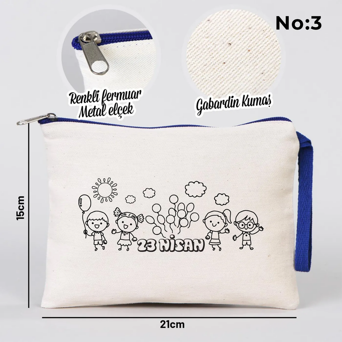 Boyanabilir 21x15 cm Saks Mavi Fermuarlı - 23 Nisan Hediyesi - yakın çekim