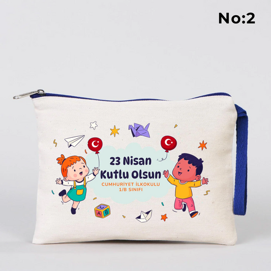 21x15 cm Saks Mavi Fermuarlı Kalemlik - 23 Nisan Hediyesi (Okul-Sınıf Baskılı) - detay görünüm