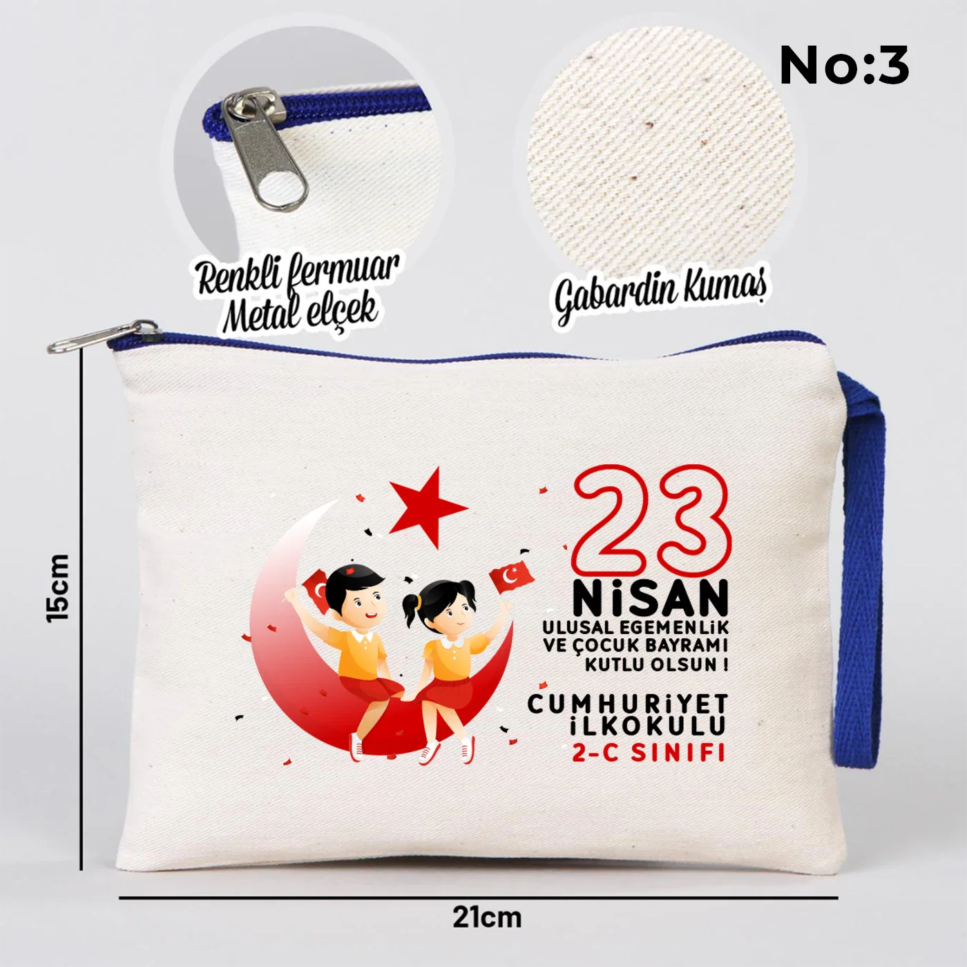 21x15 cm Saks Mavi Fermuarlı Kalemlik - 23 Nisan Hediyesi (Okul-Sınıf Baskılı) - yakın çekim