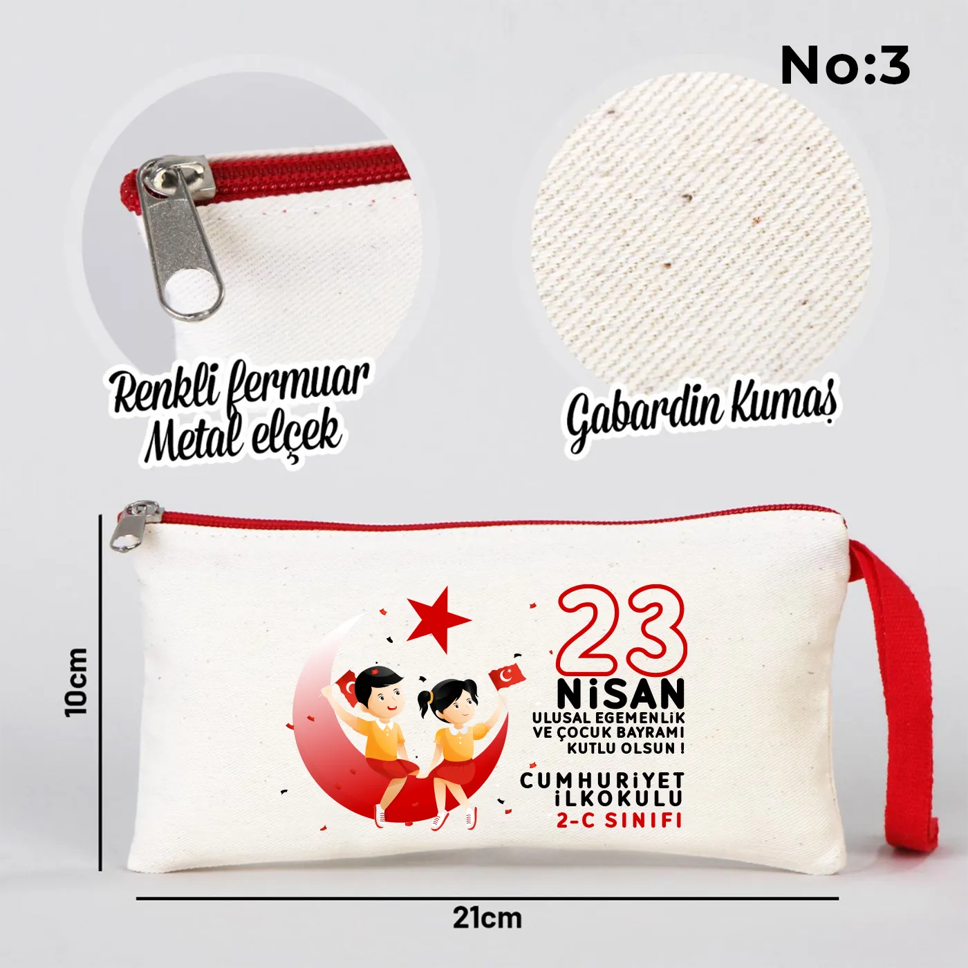 21x10 cm Kırmızı Fermuarlı Kalemlik - 23 Nisan Hediyesi (Okul-Sınıf Baskılı) - yakın çekim