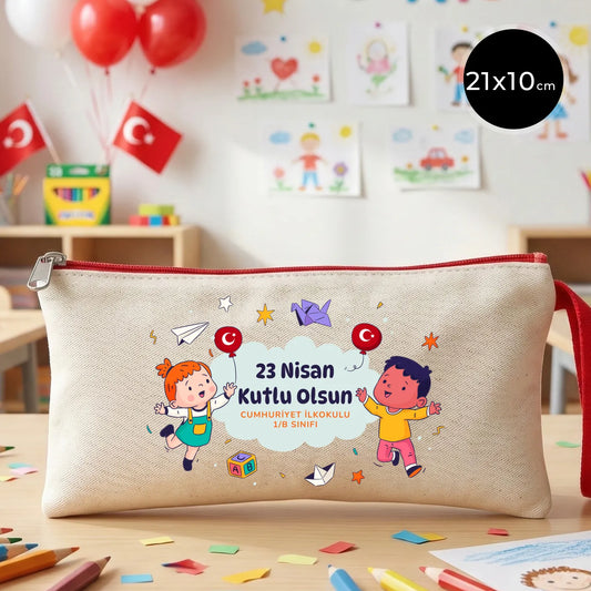 21x10 cm Kırmızı Fermuarlı Kalemlik - 23 Nisan Hediyesi (Okul-Sınıf Baskılı)