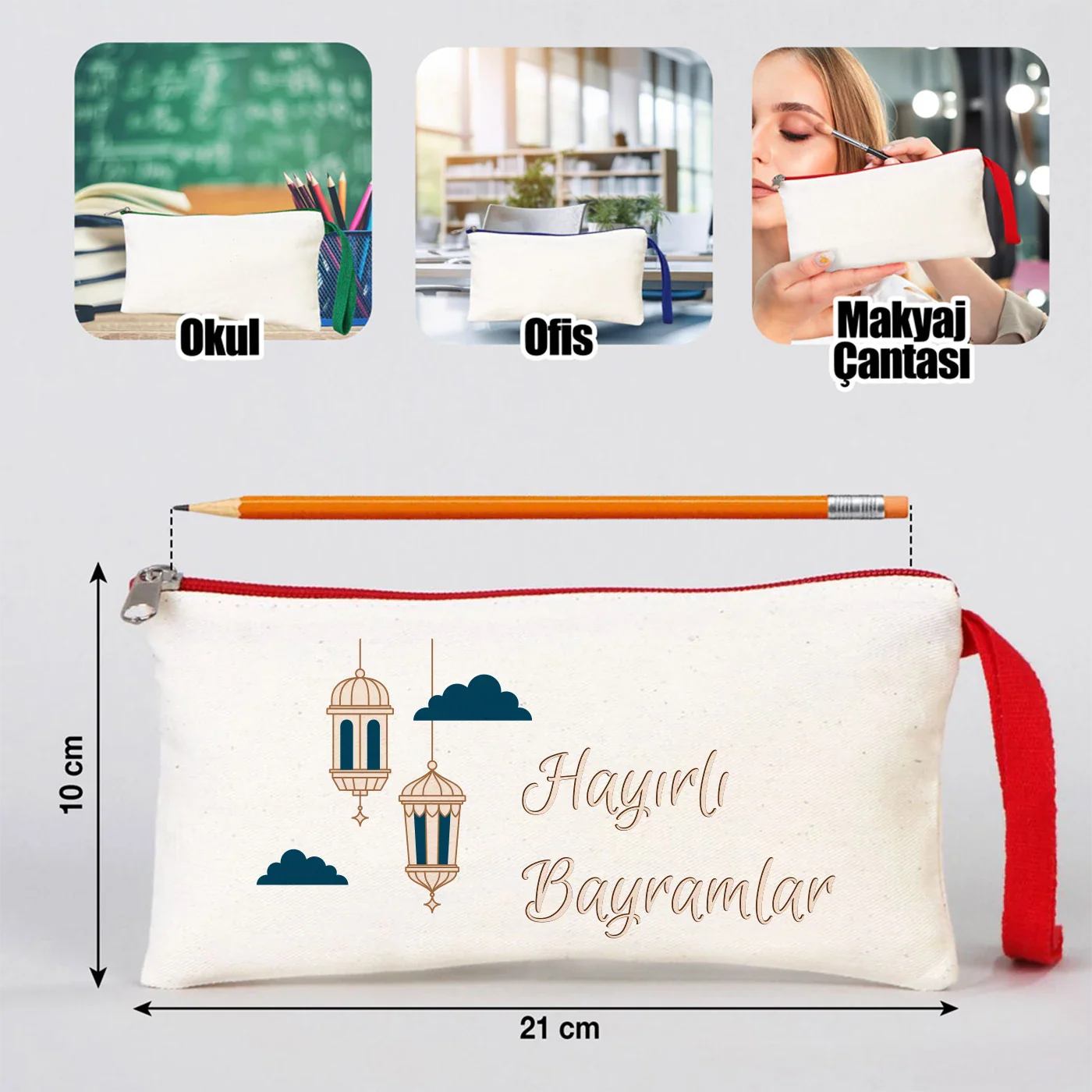 21x10 cm Kırmızı Fermuarlı Bez Kalemlik - Bayram Harçlık Cüzdanı - farklı açı