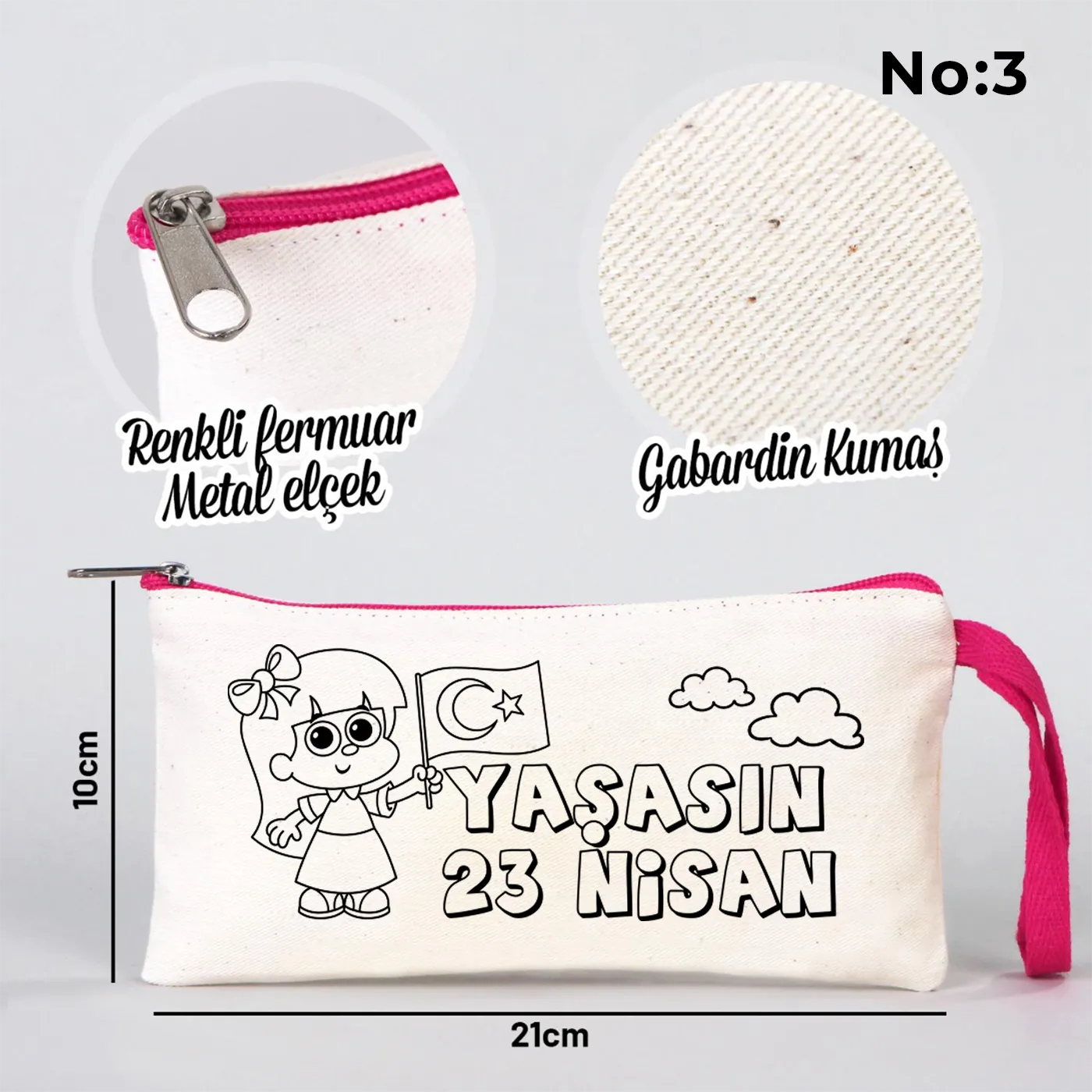 Boyanabilir 21x10 cm Fuşya Fermuarlı Bez Kese - 23 Nisan Hediyesi - yakın çekim