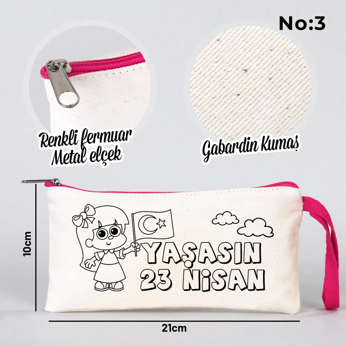 Boyanabilir 21x10 cm Fuşya Fermuarlı Bez Kese - 23 Nisan Hediyesi - yakın çekim