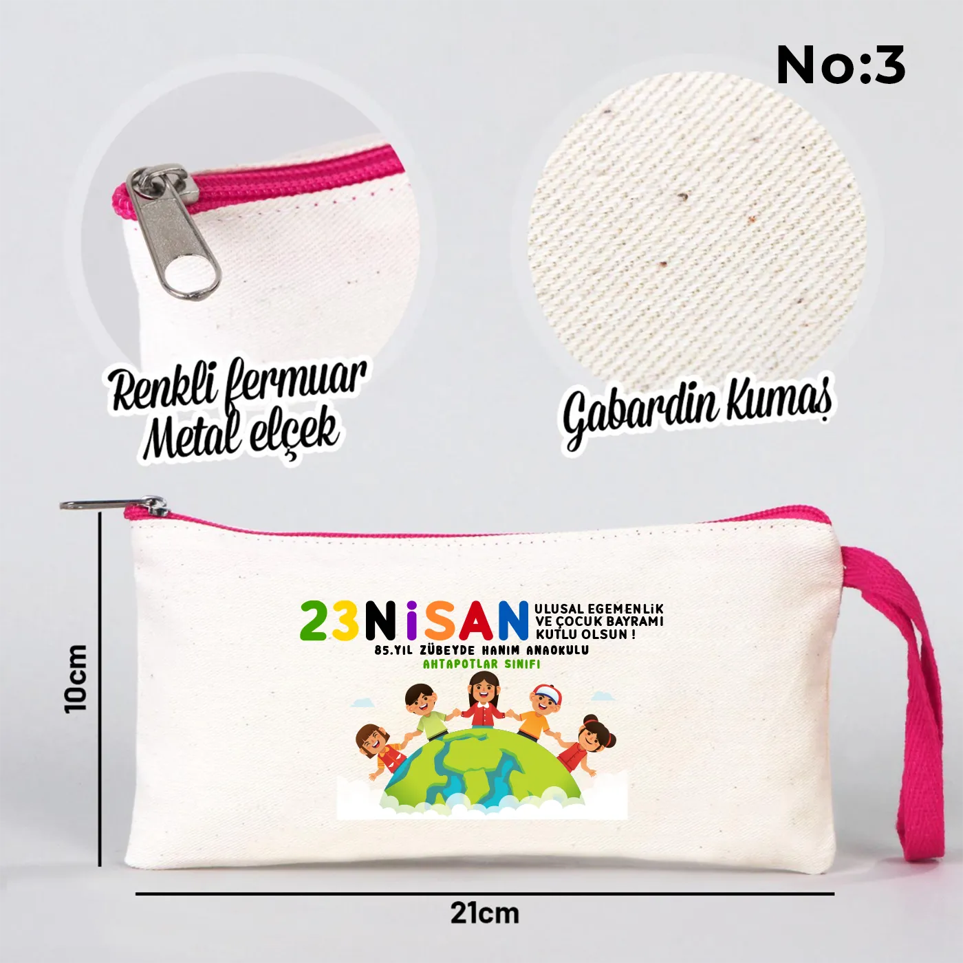 21x10 cm Fuşya Fermuarlı Bez Kalemlik - 23 Nisan Hediyesi (Okul-Sınıf Baskılı) - yakın çekim