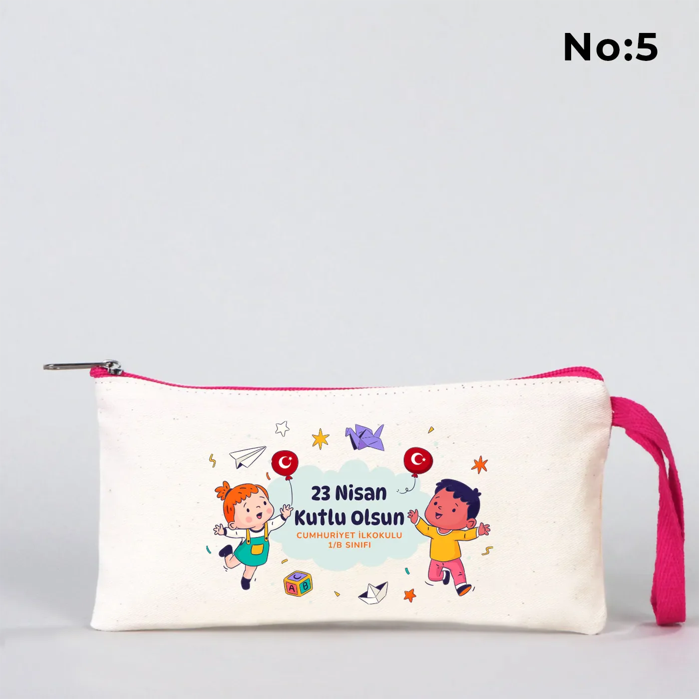21x10 cm Fuşya Fermuarlı Bez Kalemlik - 23 Nisan Hediyesi (Okul-Sınıf Baskılı) - farklı açı