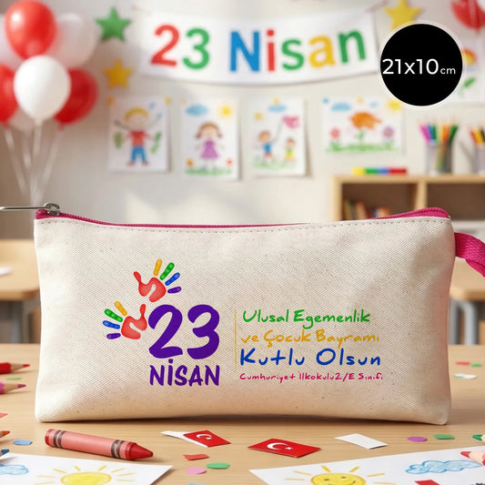 21x10 cm Fuşya Fermuarlı Bez Kalemlik - 23 Nisan Hediyesi (Okul-Sınıf Baskılı)