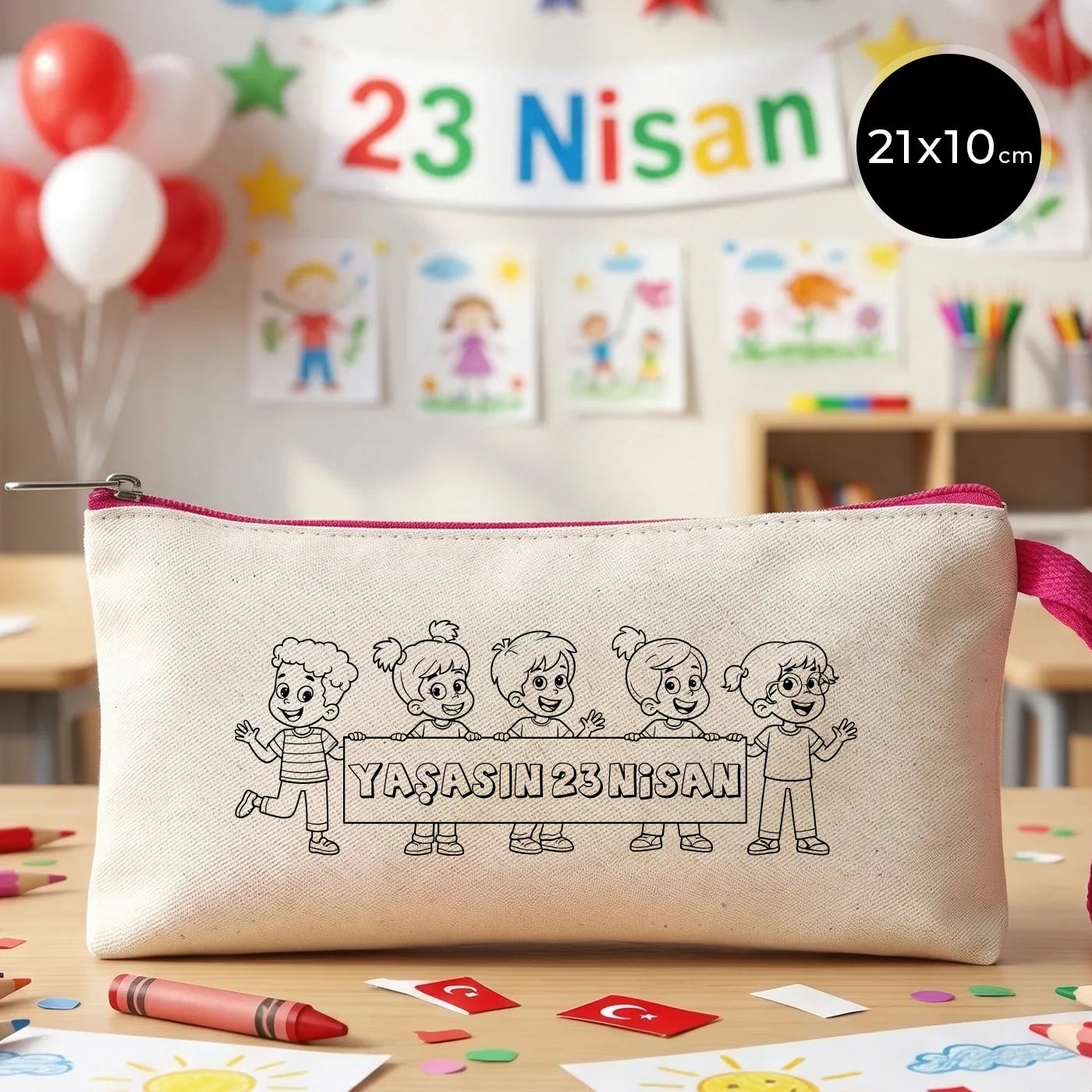 Boyanabilir 21x10 cm Fuşya Fermuarlı Bez Kese - 23 Nisan Hediyesi