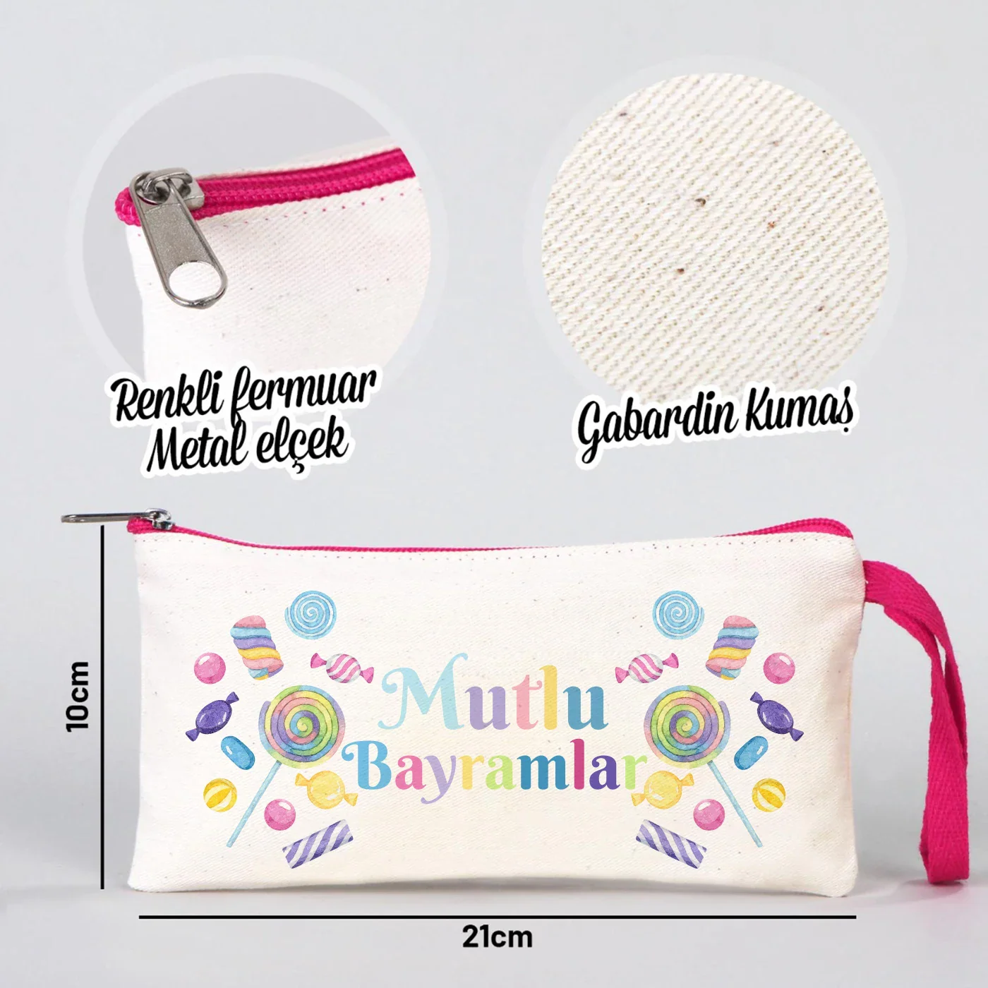 21x10 cm Fuşya Fermuarlı Bez Kalemlik - Bayram Harçlık Cüzdanı - detay görünüm