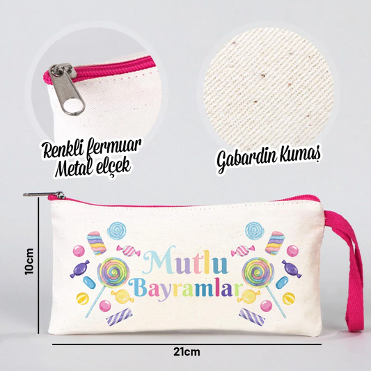 21x10 cm Fuşya Fermuarlı Bez Kalemlik - Bayram Harçlık Cüzdanı - detay görünüm
