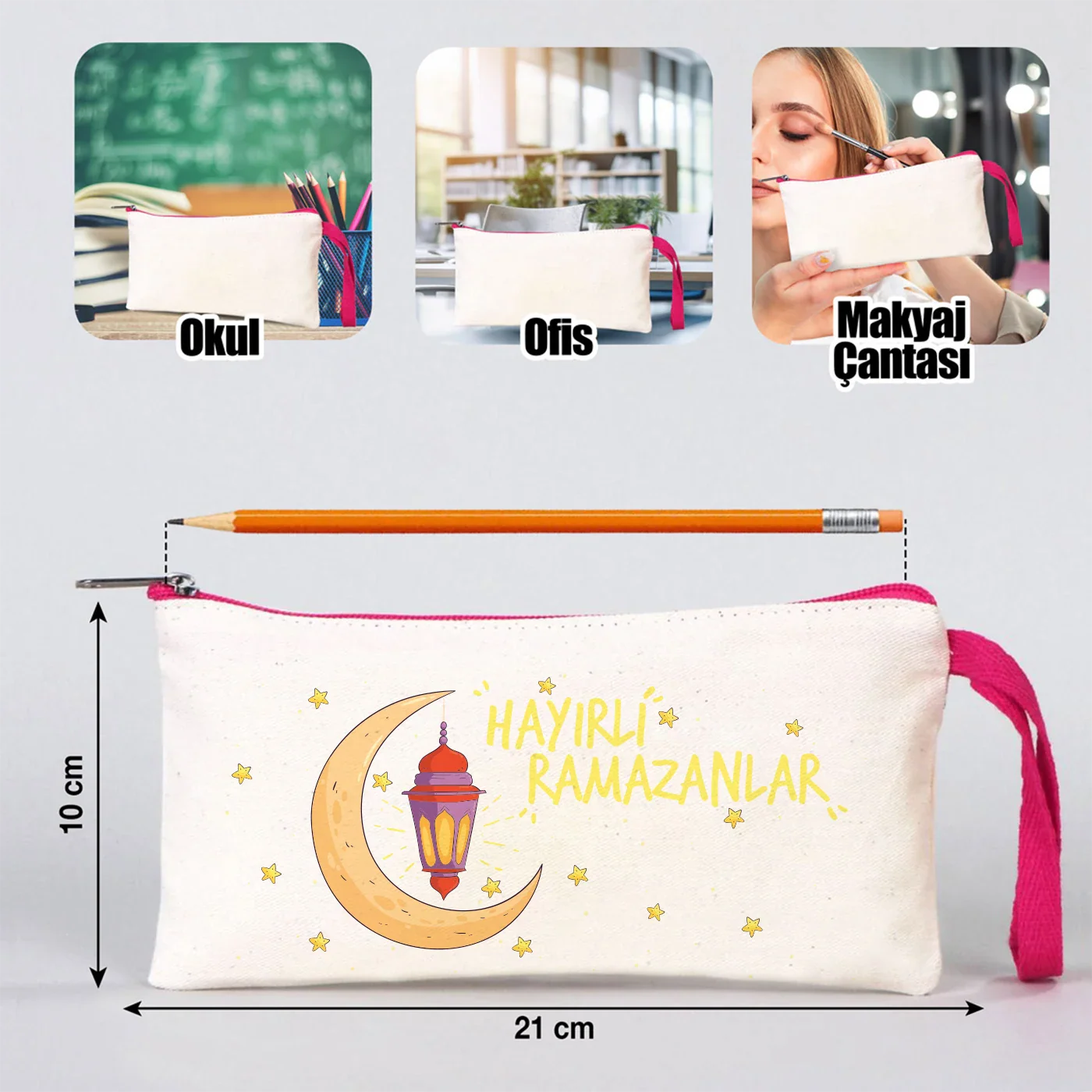 21x10 cm Fuşya Fermuarlı Bez Kalemlik - Bayram Harçlık Cüzdanı - farklı açı
