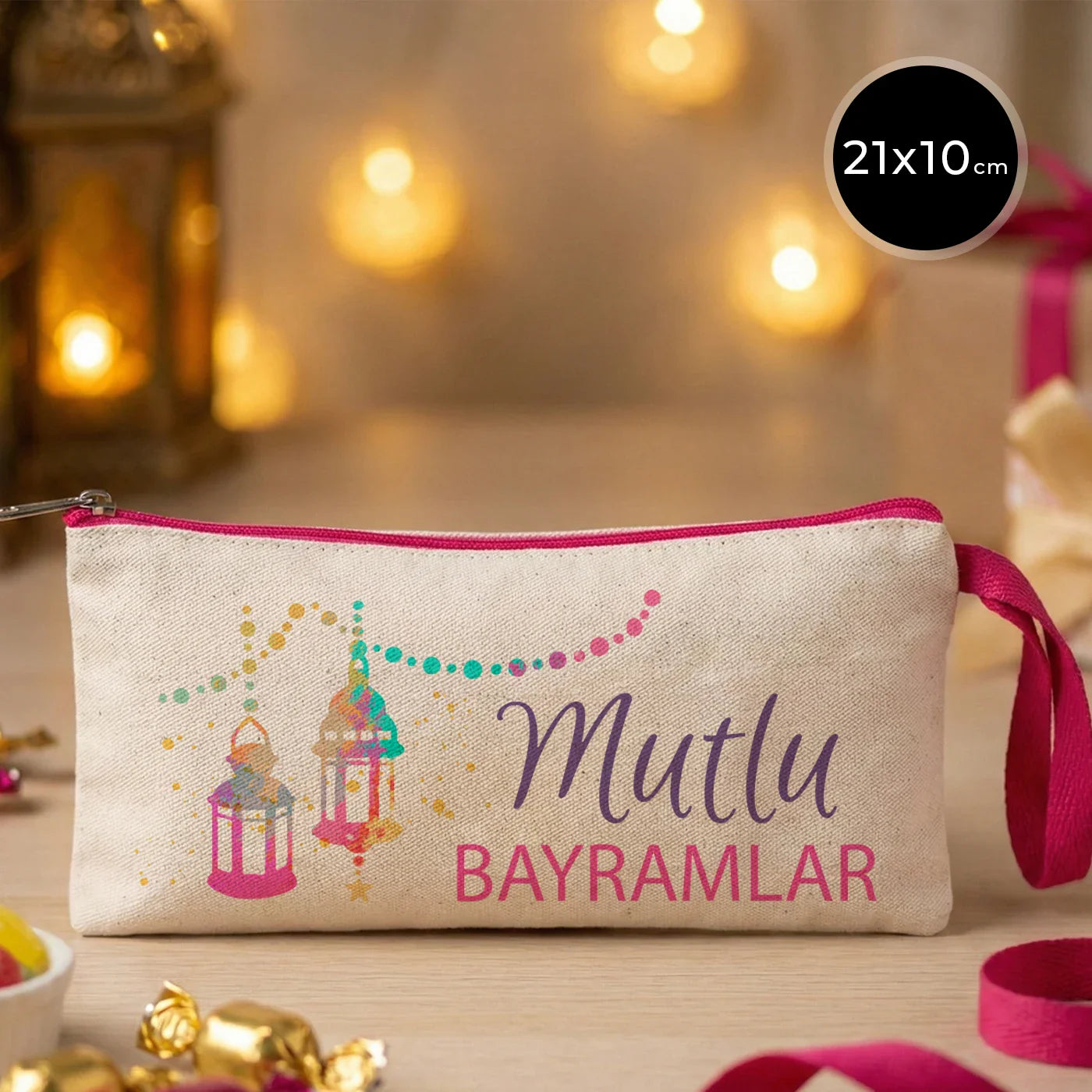 21x10 cm Fuşya Fermuarlı Bez Kalemlik - Bayram Harçlık Cüzdanı