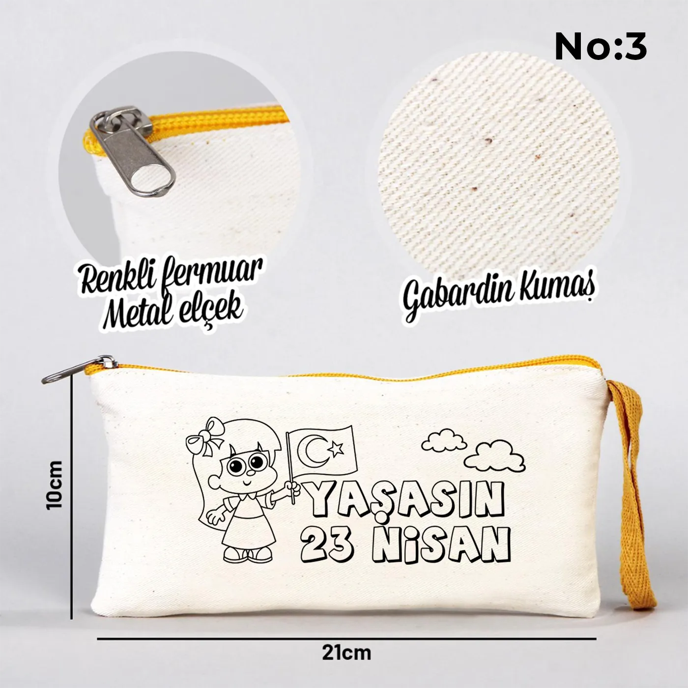 Boyanabilir 21x10 cm Sarı Fermuarlı Bez Kese - 23 Nisan Hediyesi - yakın çekim