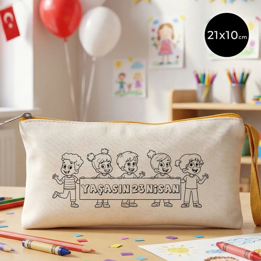 Boyanabilir 21x10 cm Sarı Fermuarlı Bez Kese - 23 Nisan Hediyesi