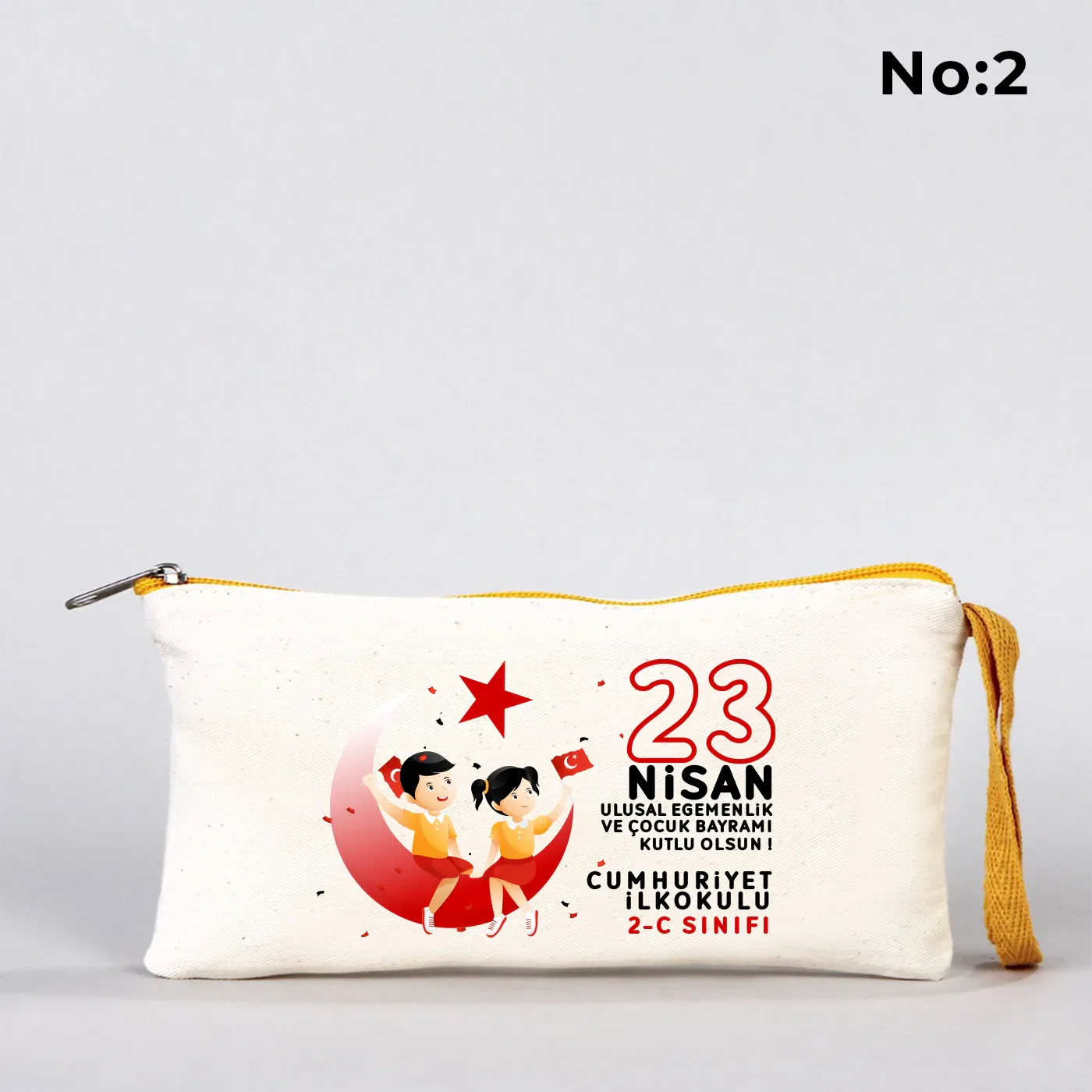21x10 cm Sarı Fermuarlı Bez Kalemlik - 23 Nisan Hediyesi (Okul-Sınıf Baskılı) - detay görünüm