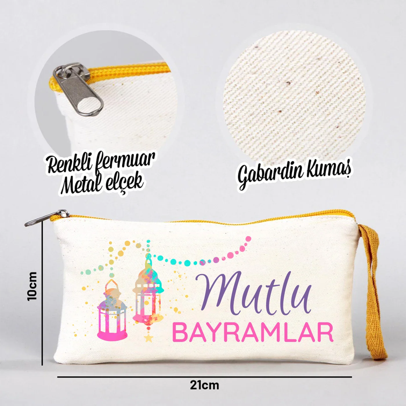 21x10 cm Sarı Fermuarlı Bez Kalemlik - Bayram Harçlık Cüzdanı - farklı açı