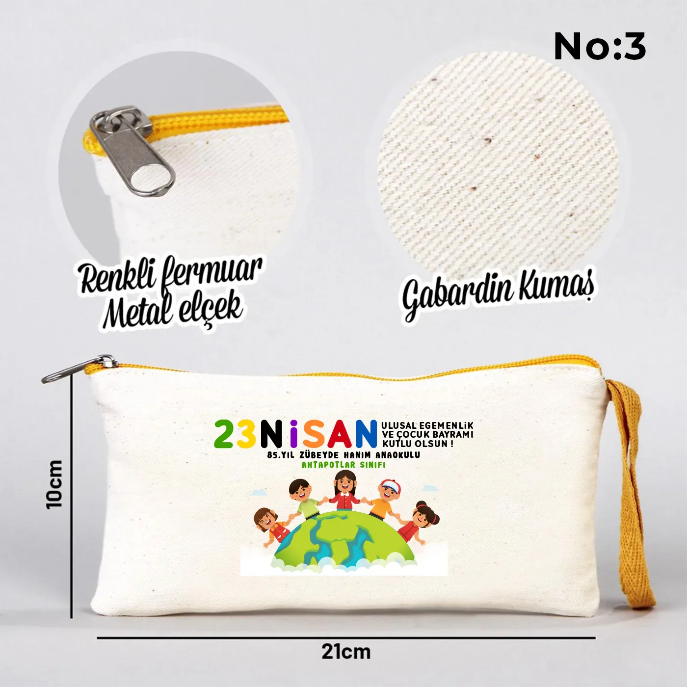 21x10 cm Sarı Fermuarlı Bez Kalemlik - 23 Nisan Hediyesi (Okul-Sınıf Baskılı) - yakın çekim