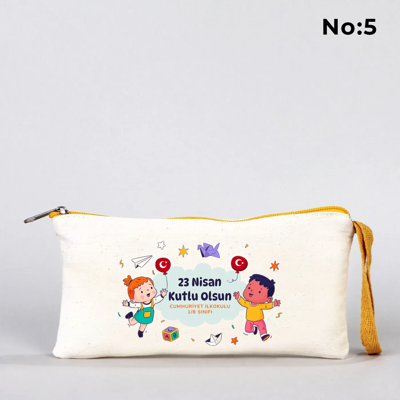 21x10 cm Sarı Fermuarlı Bez Kalemlik - 23 Nisan Hediyesi (Okul-Sınıf Baskılı) - farklı açı