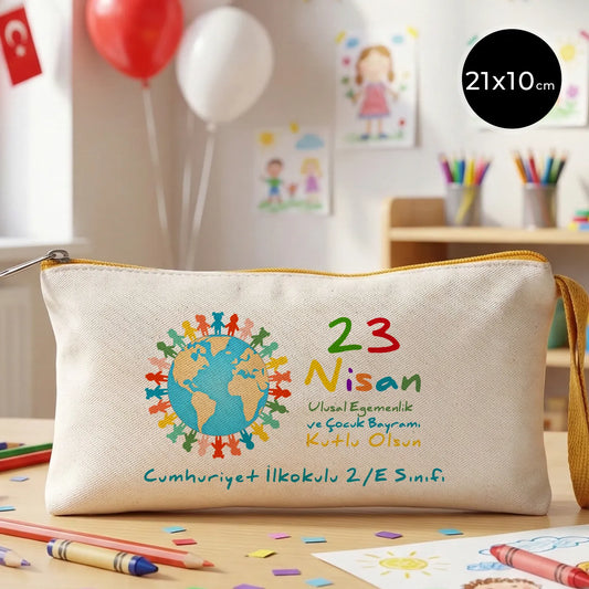 21x10 cm Sarı Fermuarlı Bez Kalemlik - 23 Nisan Hediyesi (Okul-Sınıf Baskılı)