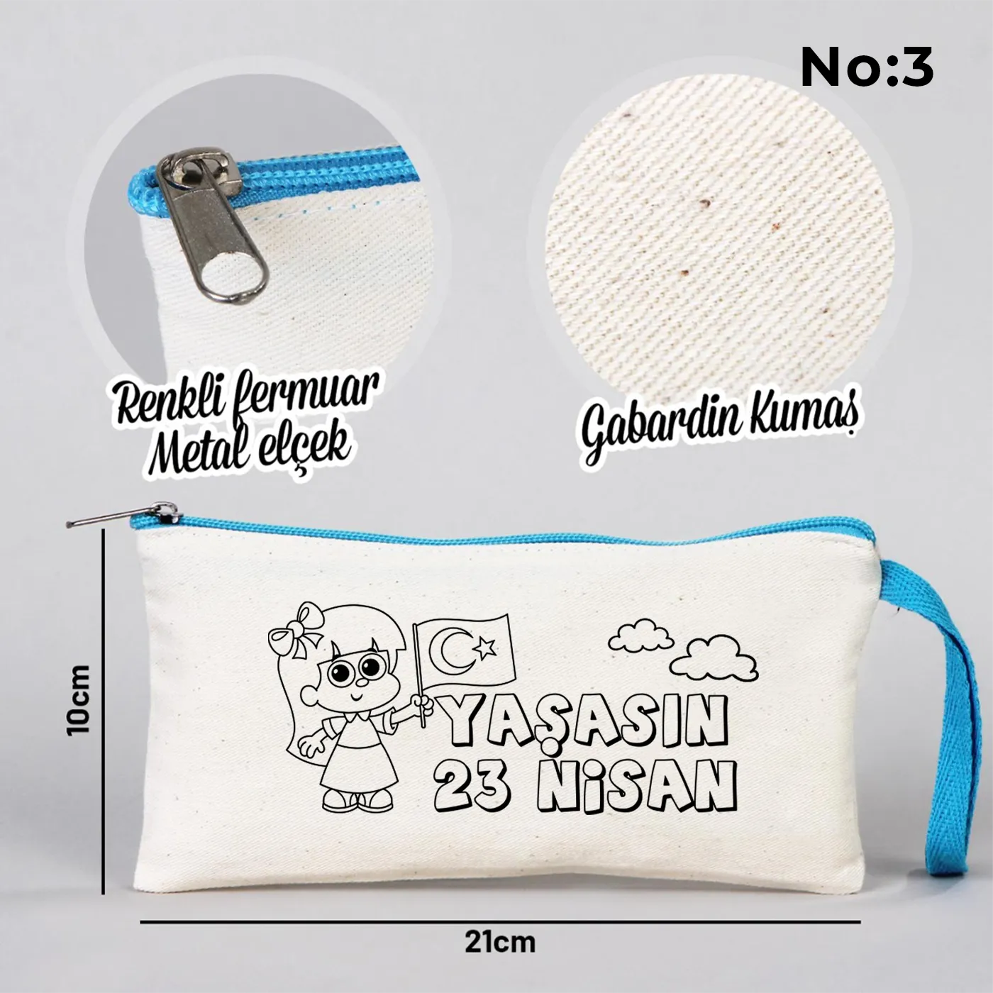 Boyanabilir 21x10 cm Turkuaz Fermuarlı Bez Kese - 23 Nisan Hediyesi - yakın çekim