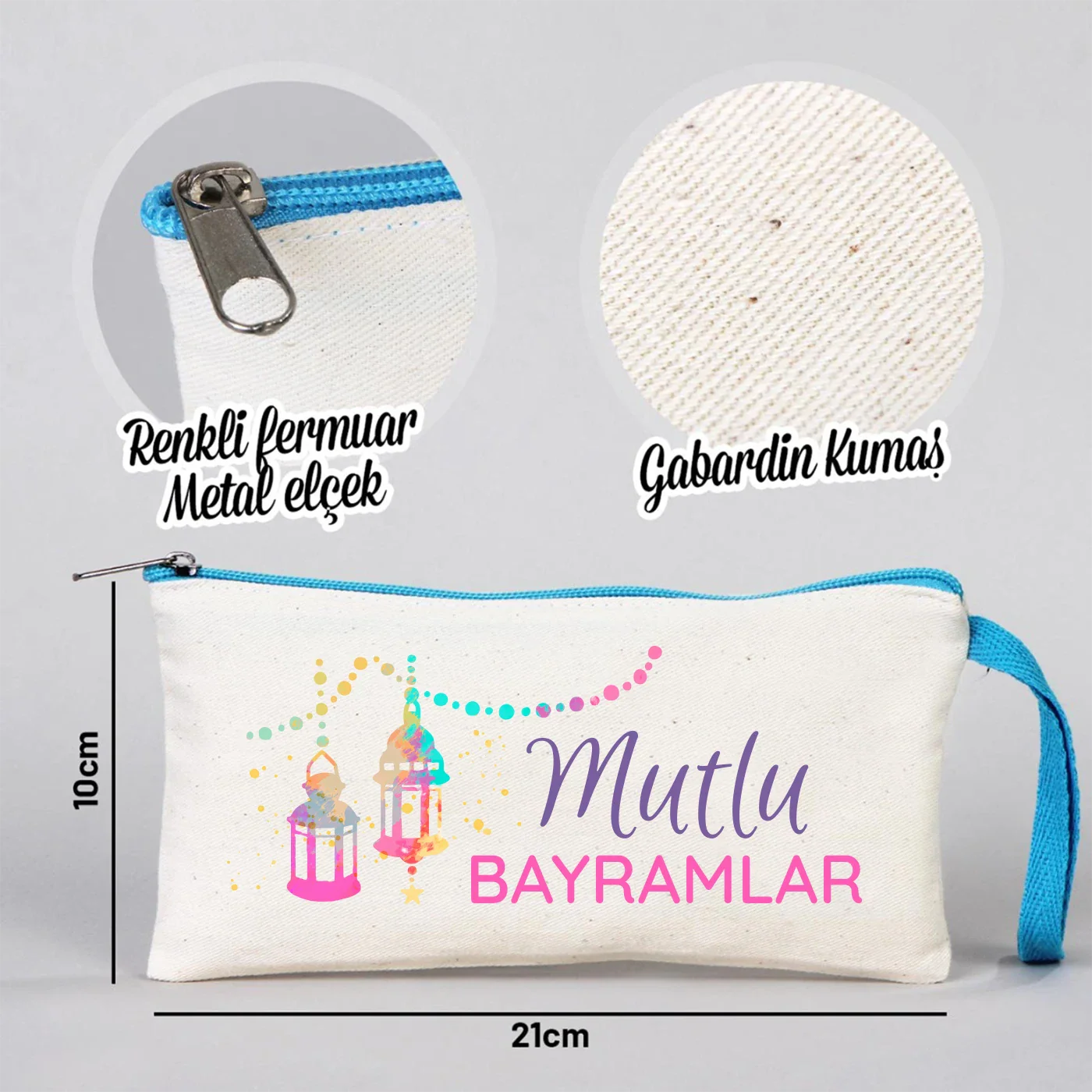 21x10 cm Turkuaz Fermuarlı Bez Kalemlik - Bayram Harçlık Cüzdanı - farklı açı