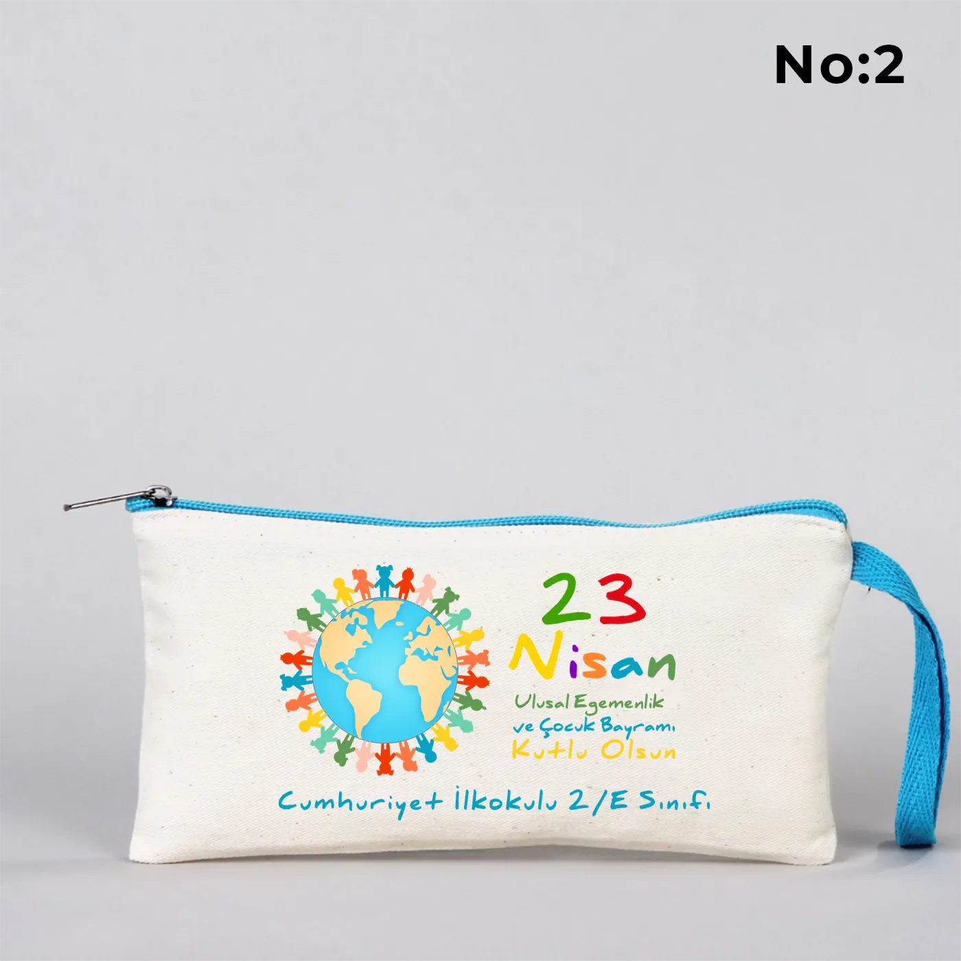 21x10 cm Turkuaz Fermuarlı Bez Kalemlik - 23 Nisan Hediyesi (Okul-Sınıf Baskılı) - detay görünüm