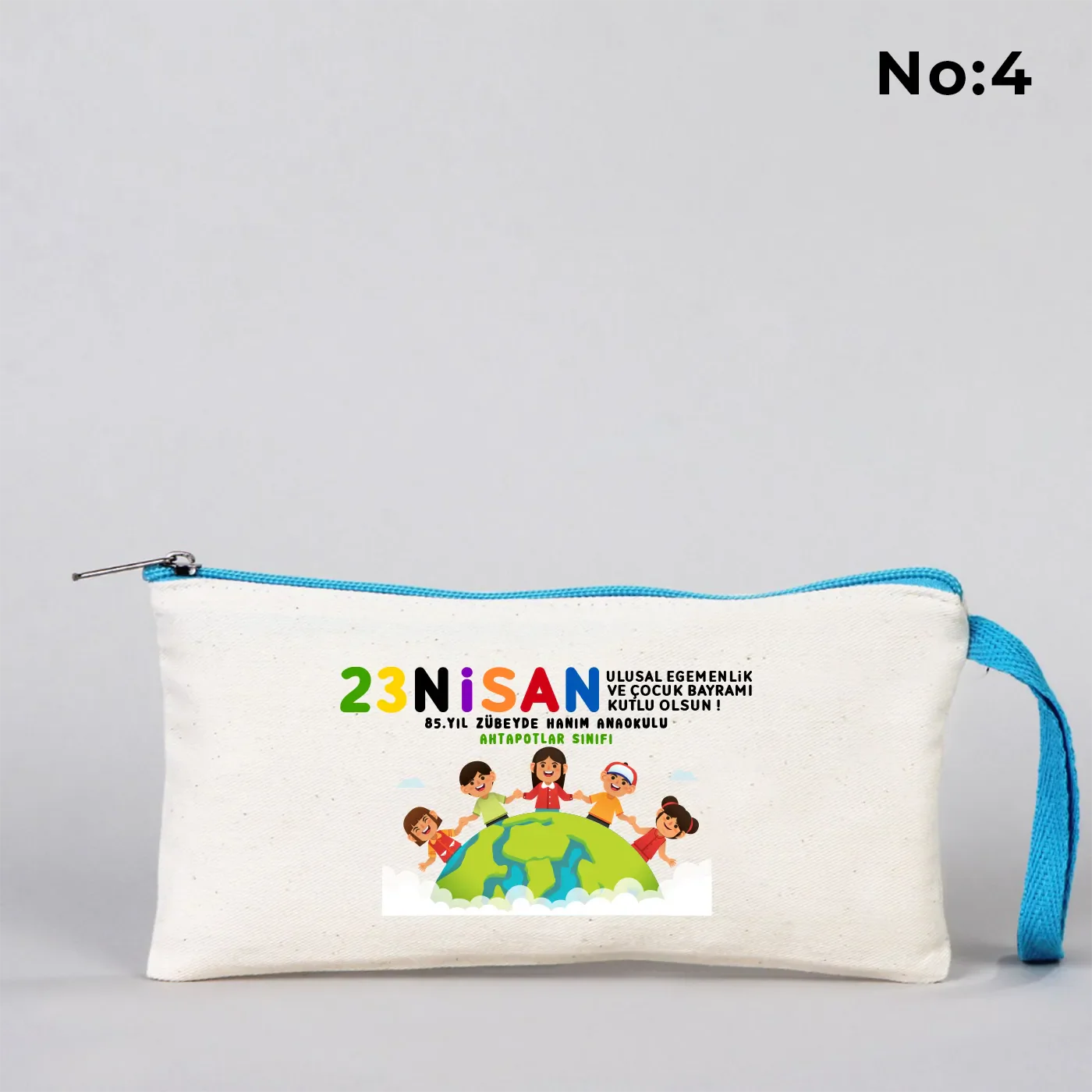 21x10 cm Turkuaz Fermuarlı Bez Kalemlik - 23 Nisan Hediyesi (Okul-Sınıf Baskılı) - kullanım örneği