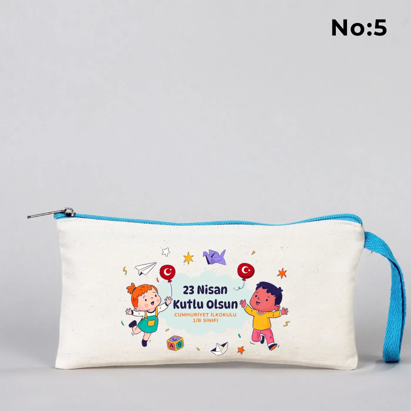 21x10 cm Turkuaz Fermuarlı Bez Kalemlik - 23 Nisan Hediyesi (Okul-Sınıf Baskılı) - farklı açı