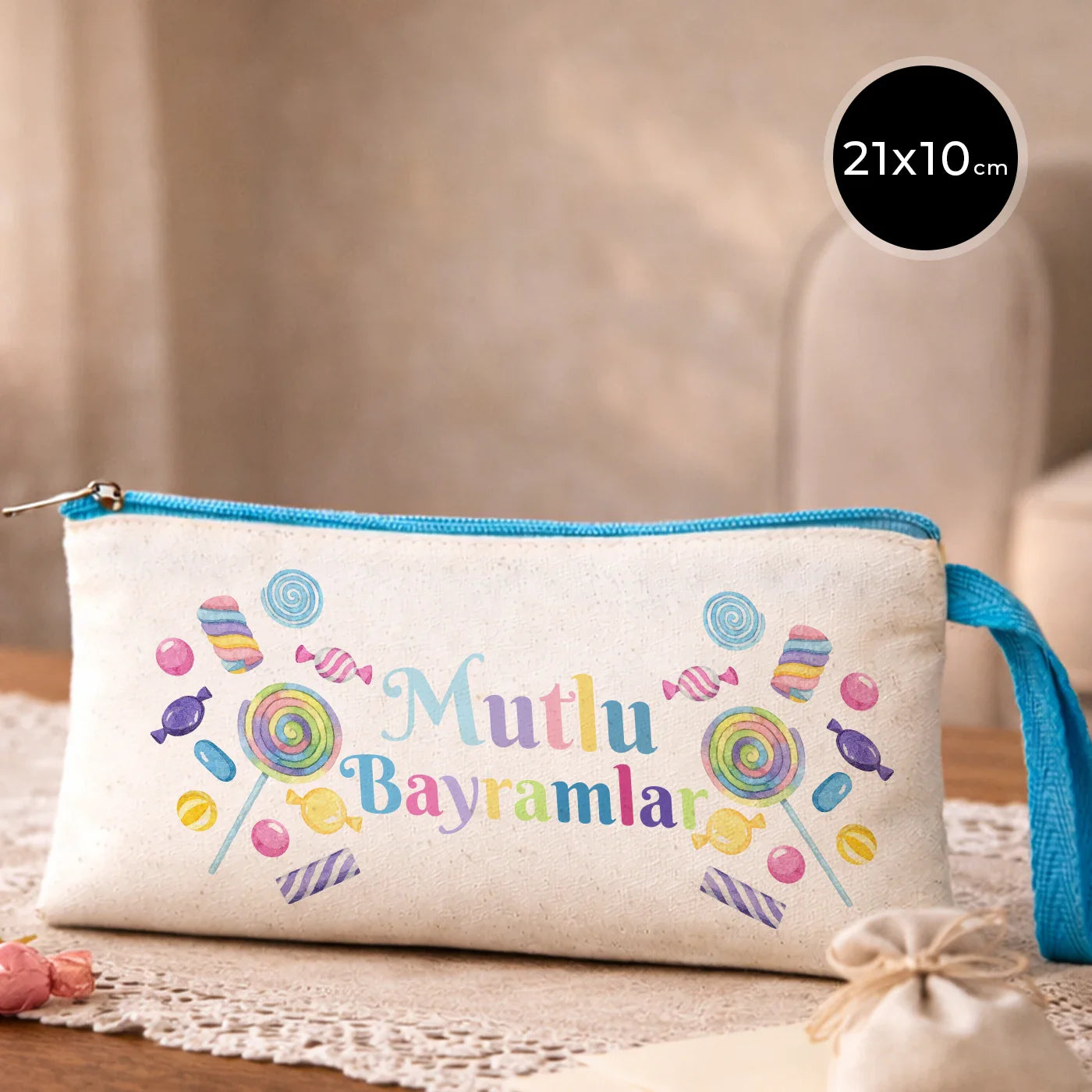 21x10 cm Turkuaz Fermuarlı Bez Kalemlik - Bayram Harçlık Cüzdanı