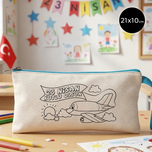 Boyanabilir 21x10 cm Turkuaz Fermuarlı Bez Kese - 23 Nisan Hediyesi