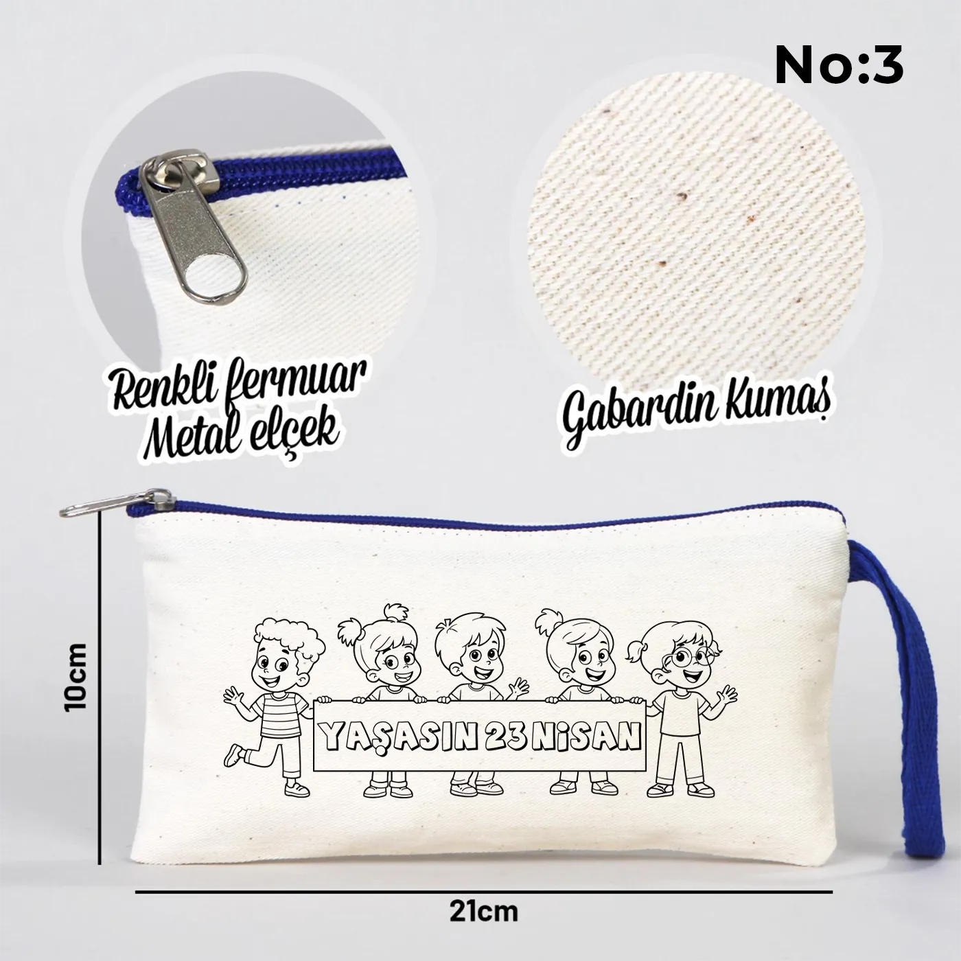 Boyanabilir 21x10 cm Saks Mavi Fermuarlı Bez Kese - 23 Nisan Hediyesi - yakın çekim
