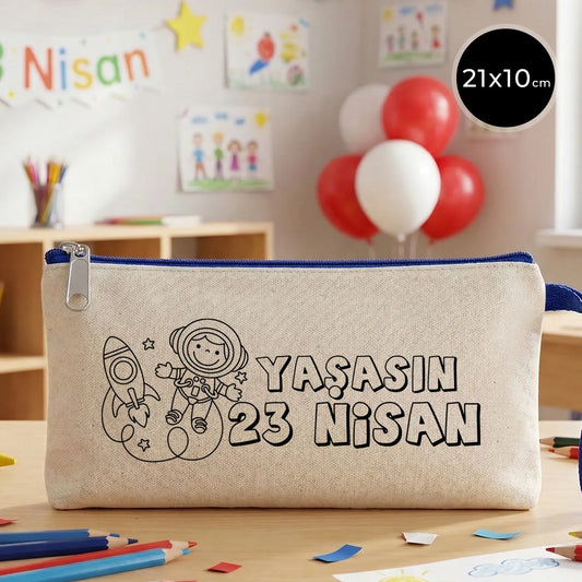 Boyanabilir 21x10 cm Saks Mavi Fermuarlı Bez Kese - 23 Nisan Hediyesi