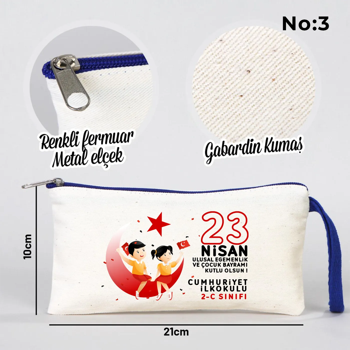 21x10 cm Saks Mavi Fermuarlı Kalemlik - 23 Nisan Hediyesi (Okul-Sınıf Baskılı) - yakın çekim