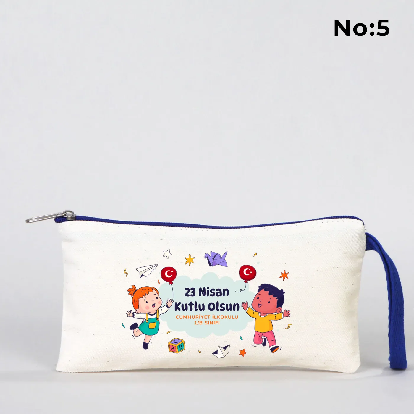 21x10 cm Saks Mavi Fermuarlı Kalemlik - 23 Nisan Hediyesi (Okul-Sınıf Baskılı) - farklı açı