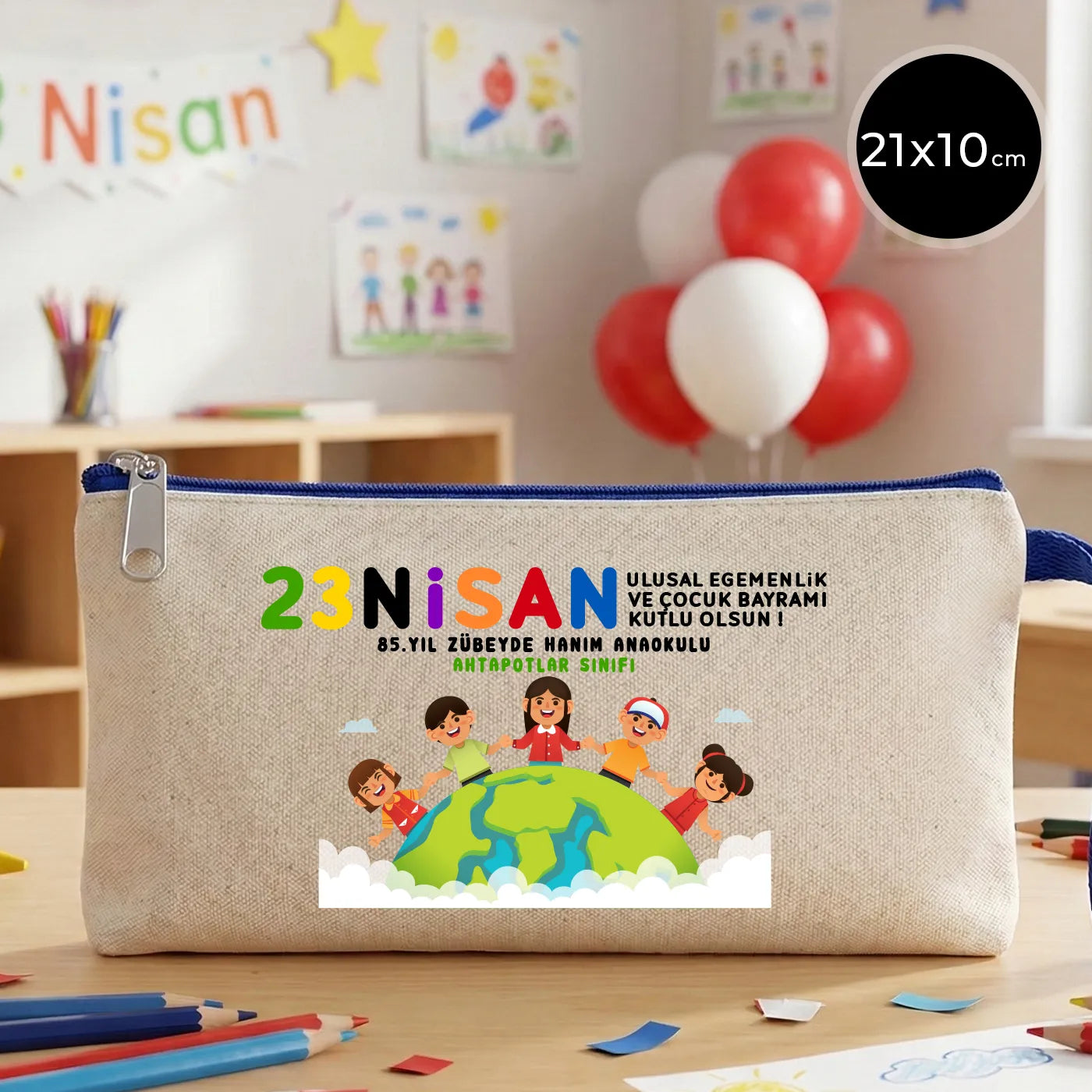 21x10 cm Saks Mavi Fermuarlı Kalemlik - 23 Nisan Hediyesi (Okul-Sınıf Baskılı)