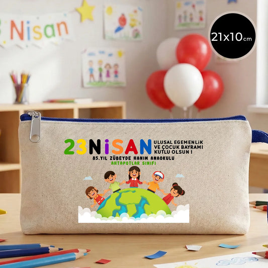 21x10 cm Saks Mavi Fermuarlı Kalemlik - 23 Nisan Hediyesi (Okul-Sınıf Baskılı)