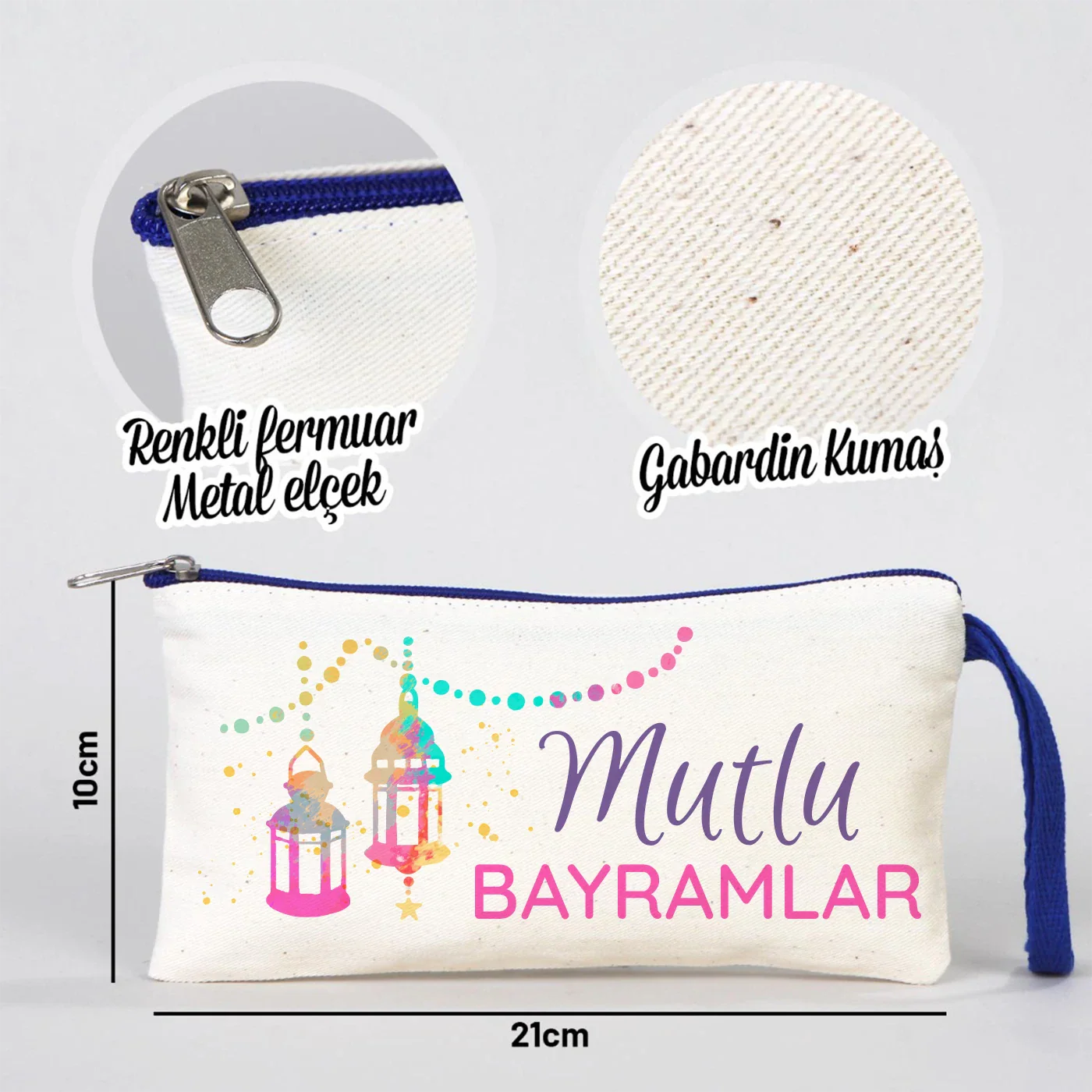 21x10 cm Saks Mavi Fermuarlı Bez Kalemlik - Bayram Harçlık Cüzdanı - farklı açı
