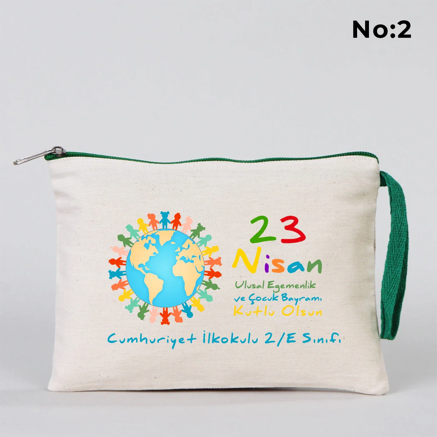 21x15 cm Yeşil Fermuarlı Kalemlik - 23 Nisan Hediyesi (Okul-Sınıf Baskılı) - detay görünüm