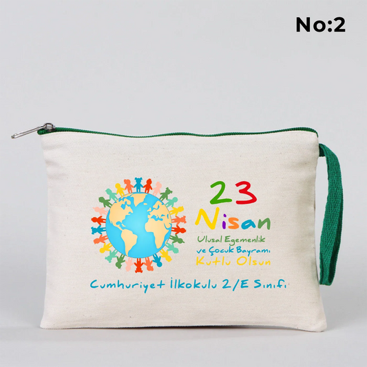 21x15 cm Yeşil Fermuarlı Kalemlik - 23 Nisan Hediyesi (Okul-Sınıf Baskılı) - detay görünüm