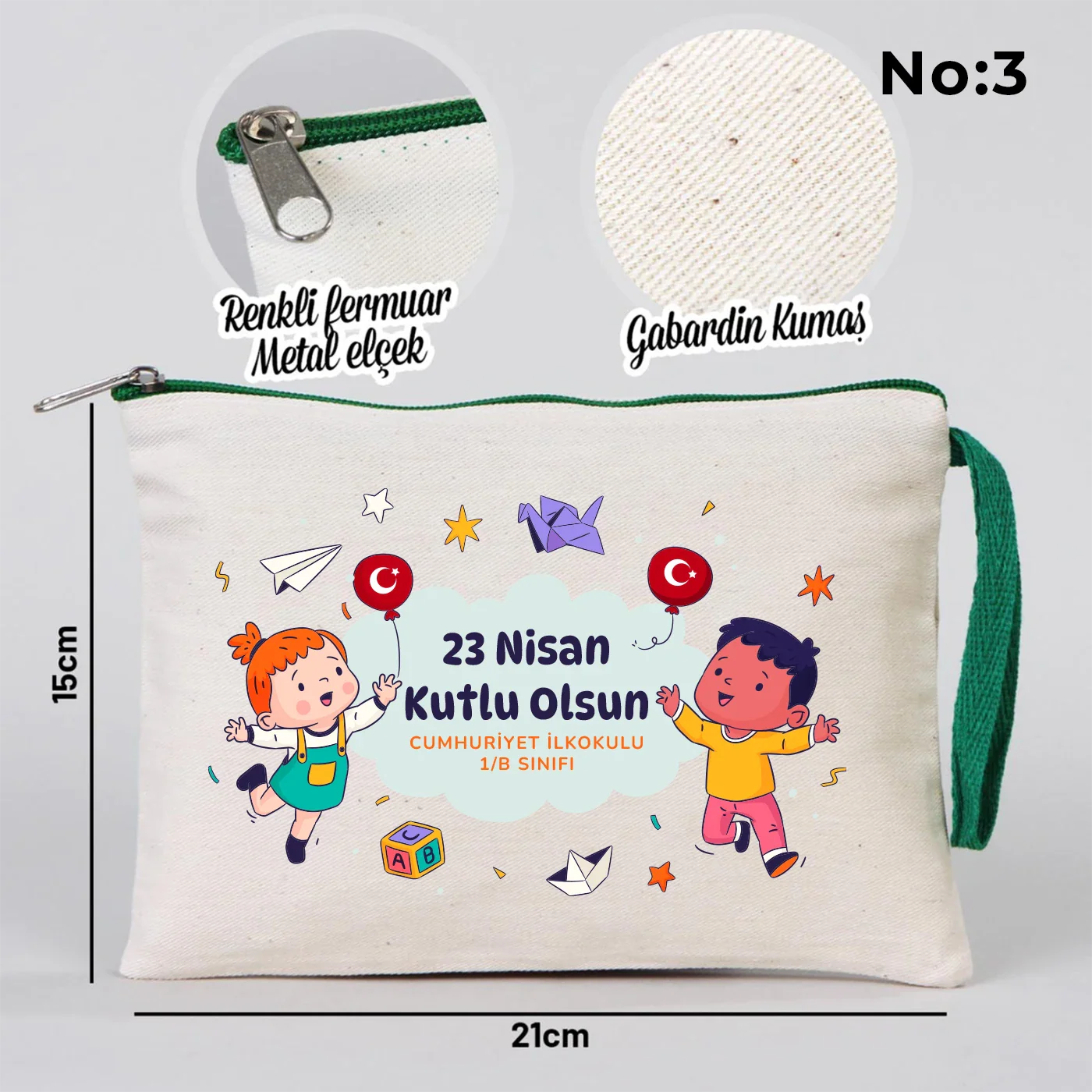 21x15 cm Yeşil Fermuarlı Kalemlik - 23 Nisan Hediyesi (Okul-Sınıf Baskılı) - yakın çekim