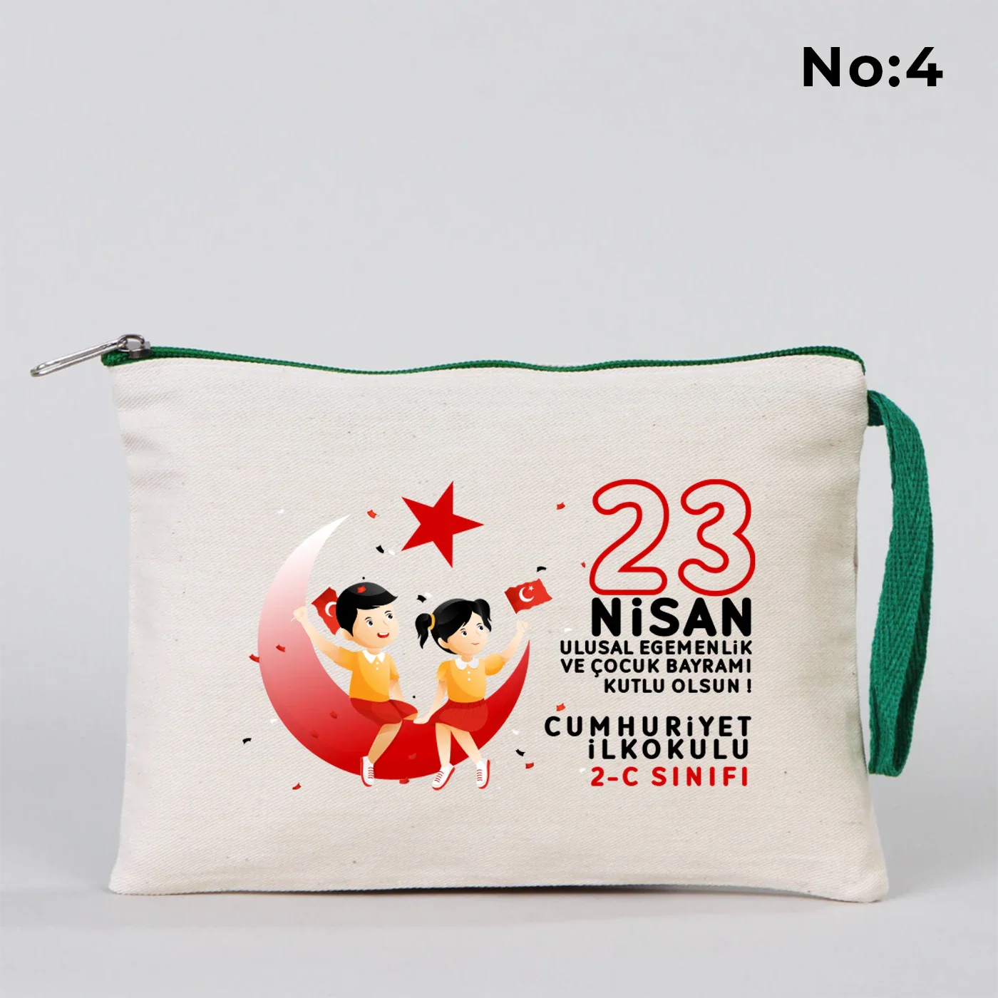 21x15 cm Yeşil Fermuarlı Kalemlik - 23 Nisan Hediyesi (Okul-Sınıf Baskılı) - kullanım örneği