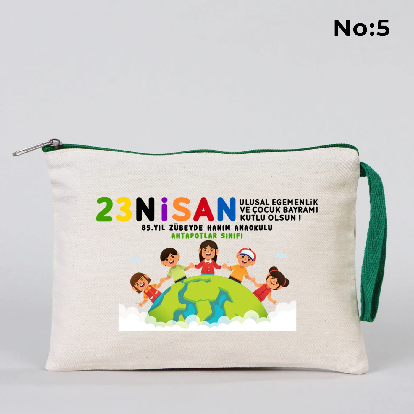 21x15 cm Yeşil Fermuarlı Kalemlik - 23 Nisan Hediyesi (Okul-Sınıf Baskılı) - farklı açı
