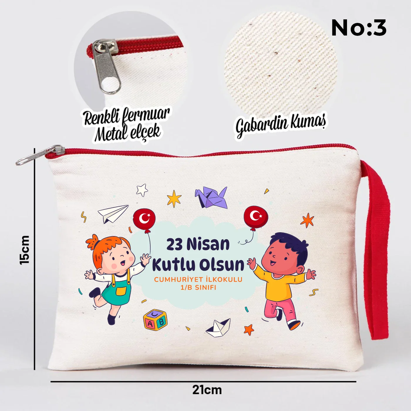 21x15 cm Kırmızı Fermuarlı Kalemlik - 23 Nisan Hediyesi (Okul-Sınıf Baskılı) - yakın çekim