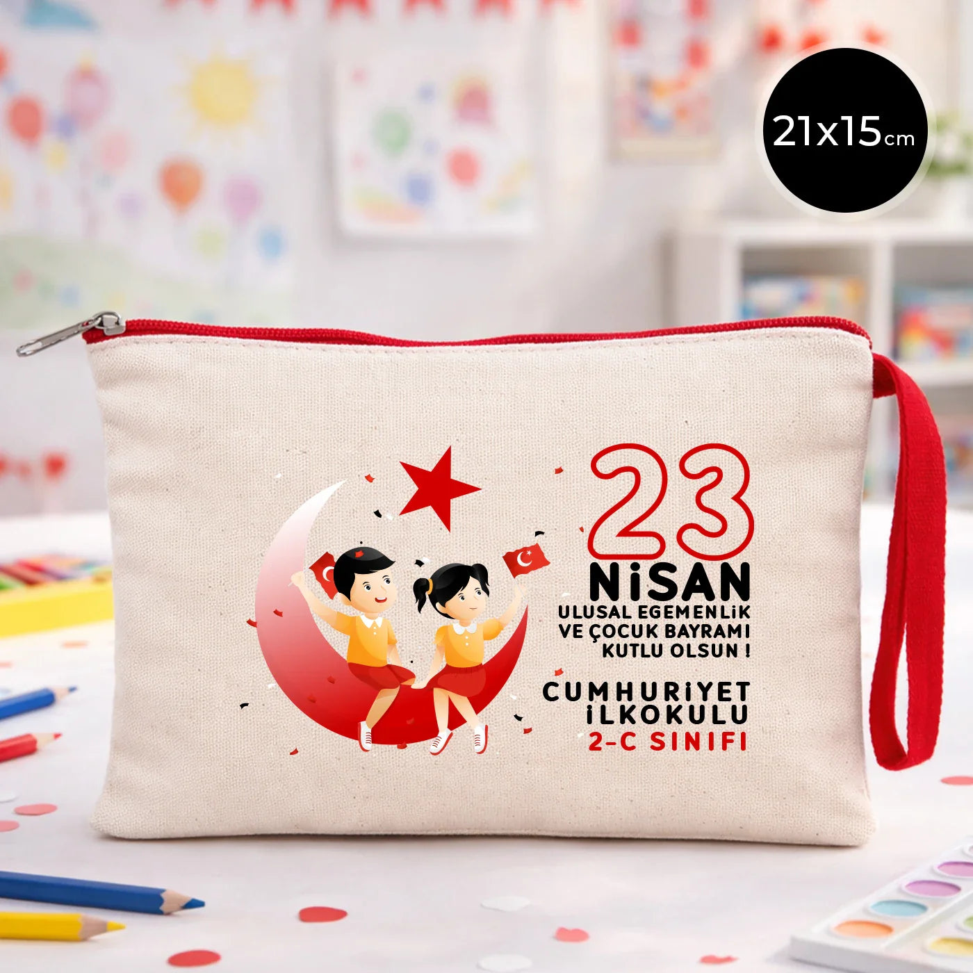 21x15 cm Kırmızı Fermuarlı Kalemlik - 23 Nisan Hediyesi (Okul-Sınıf Baskılı)