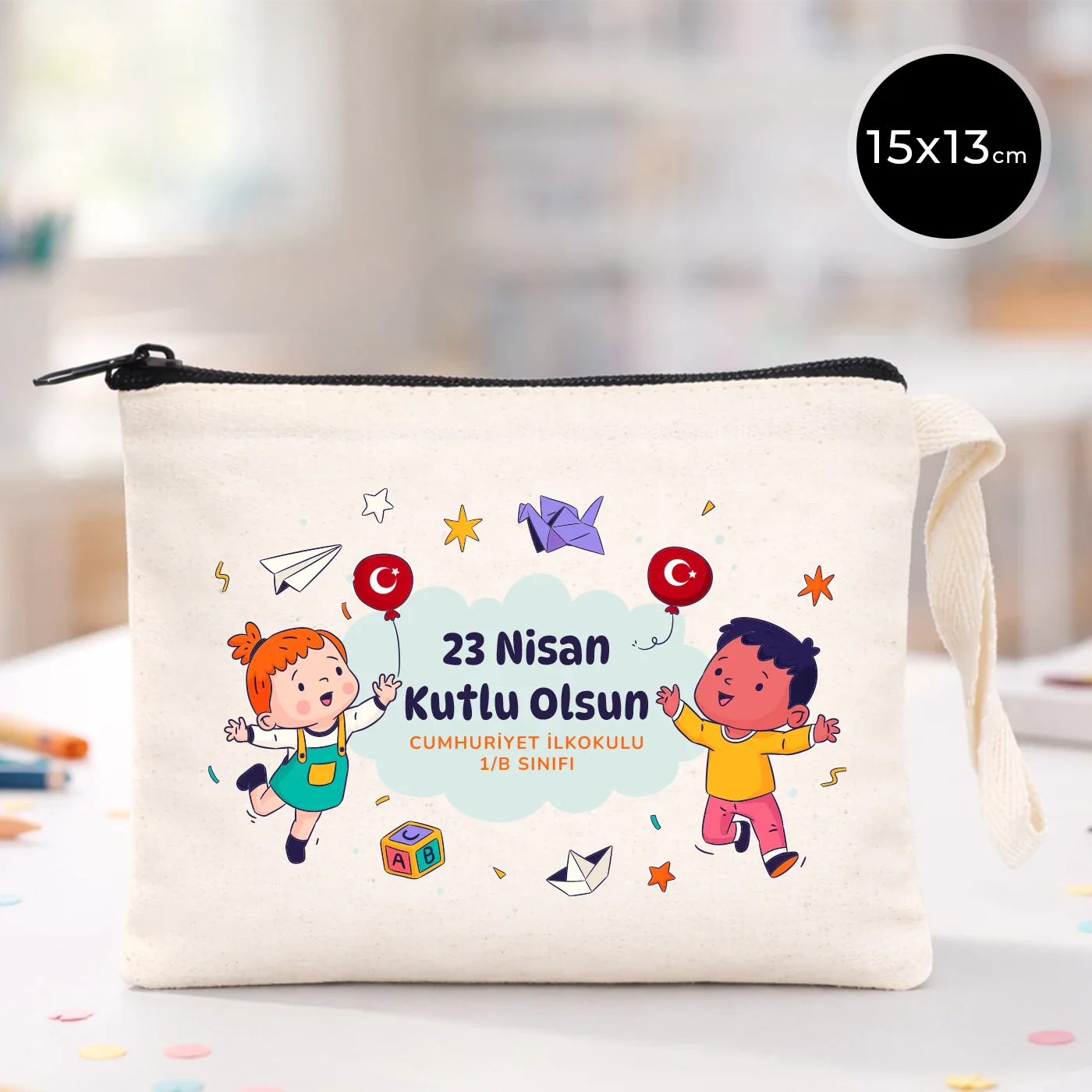 15x13 cm Clutch Modeli Günlük Kullanım - 23 Nisan  (Okul-Sınıf Baskılı)