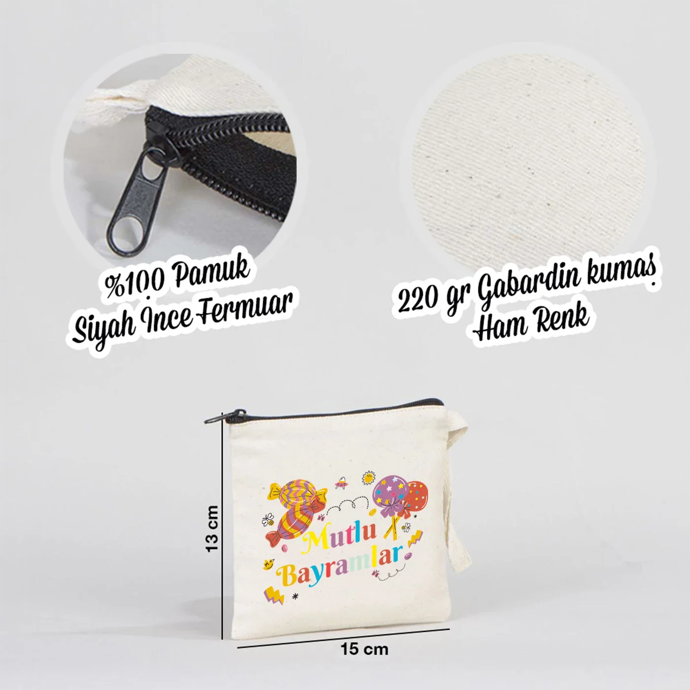 15x13 cm pamuk bayram clutch çanta, siyah ince fermuarlı, 220 gr ham gabardin kumaş.